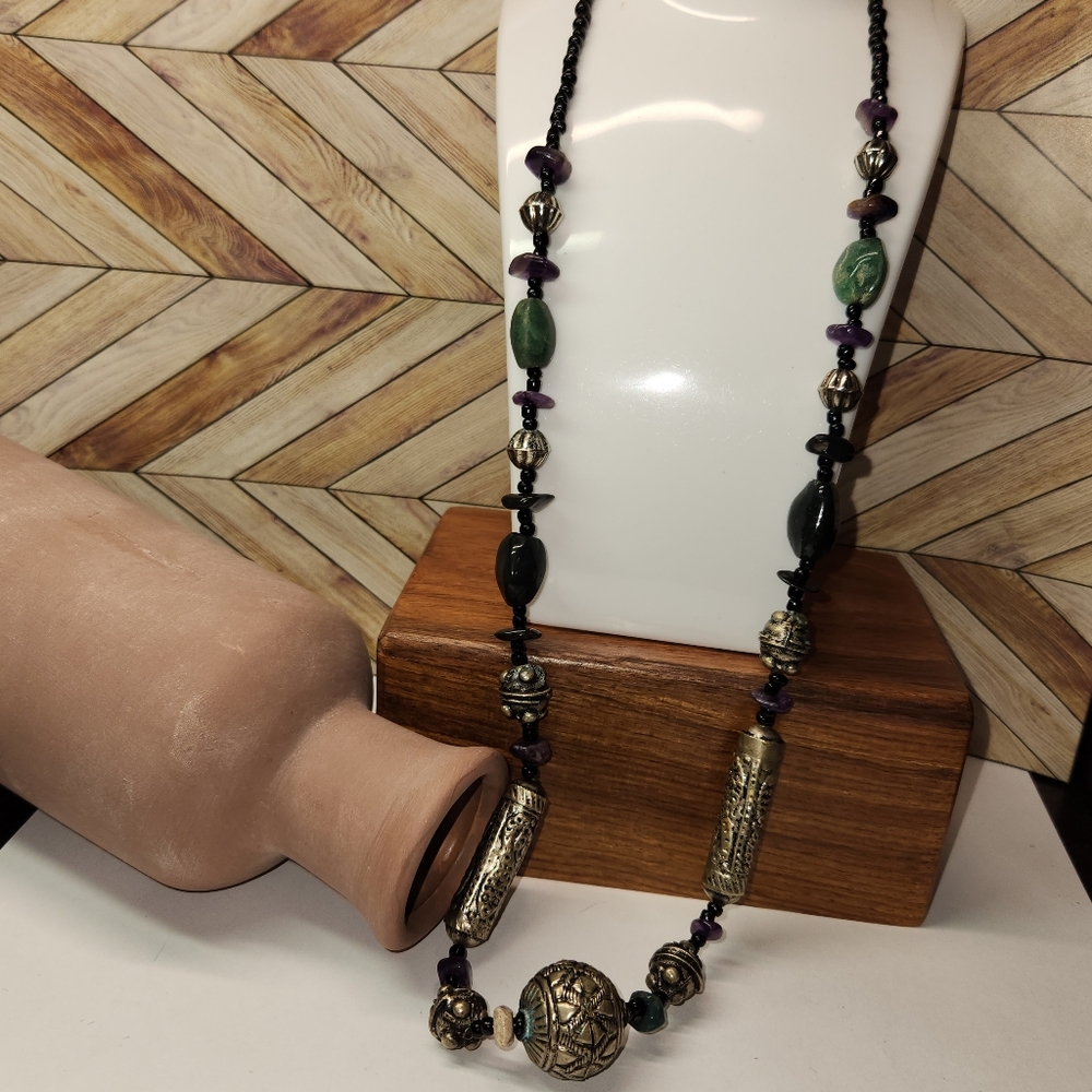 #12,  ANTIQUE ART NOUVEOU, NECKLACE, NATURAL  GEMS, HAND CRAFTED SCROLLED CYLIND